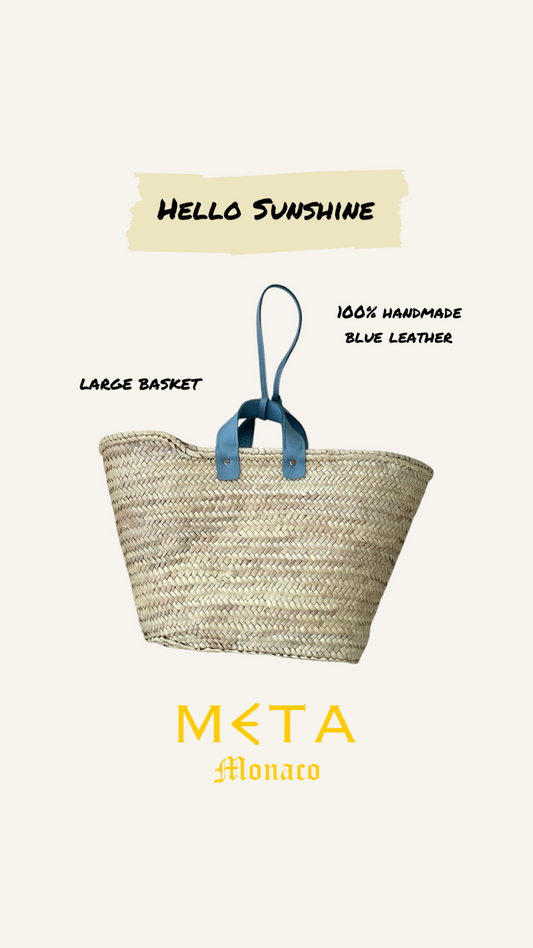Hello Sunshine Large Basket, sky blue leather