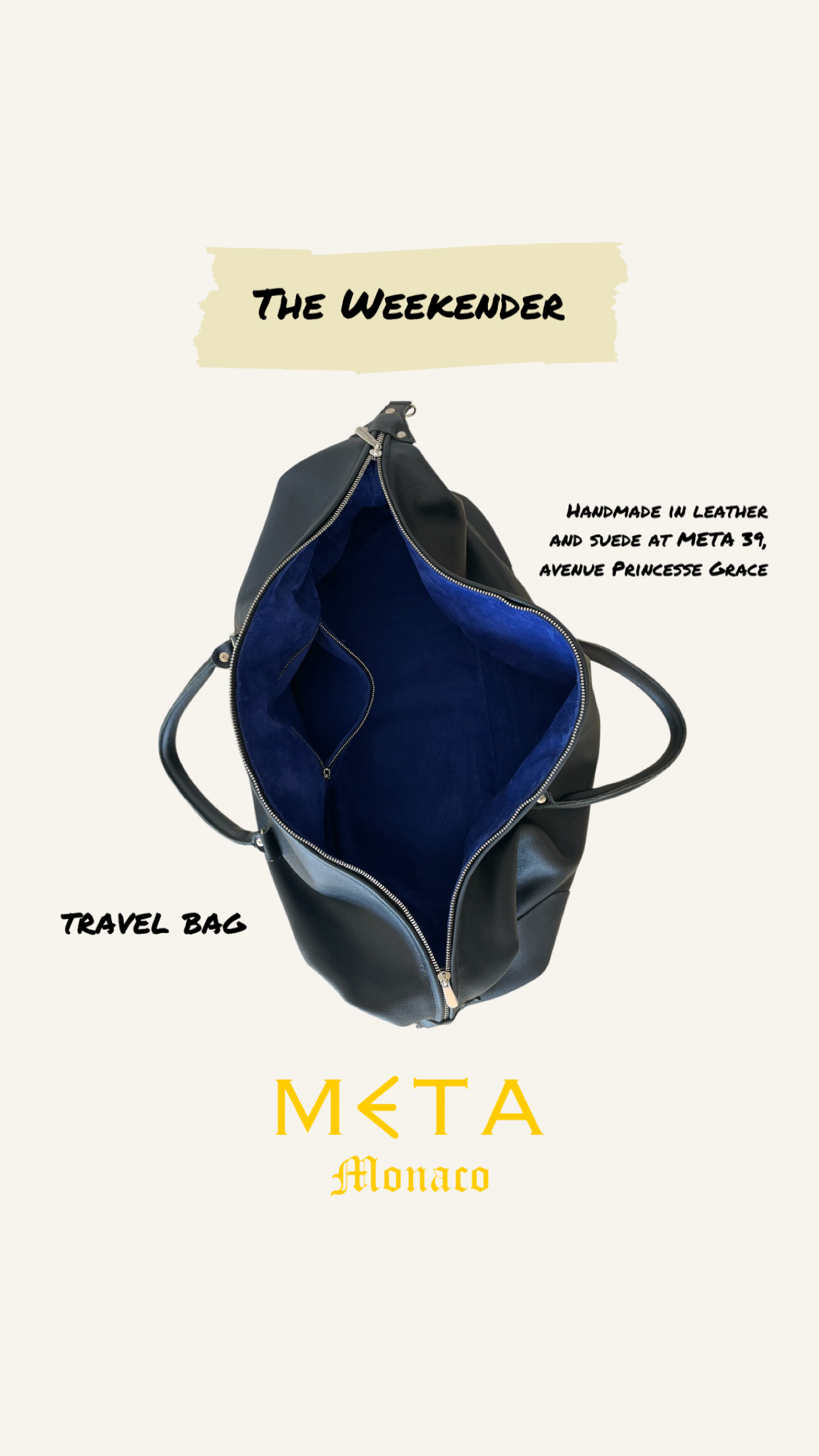 The Weekender Travel Bag, navy blue leather & royal blue suede