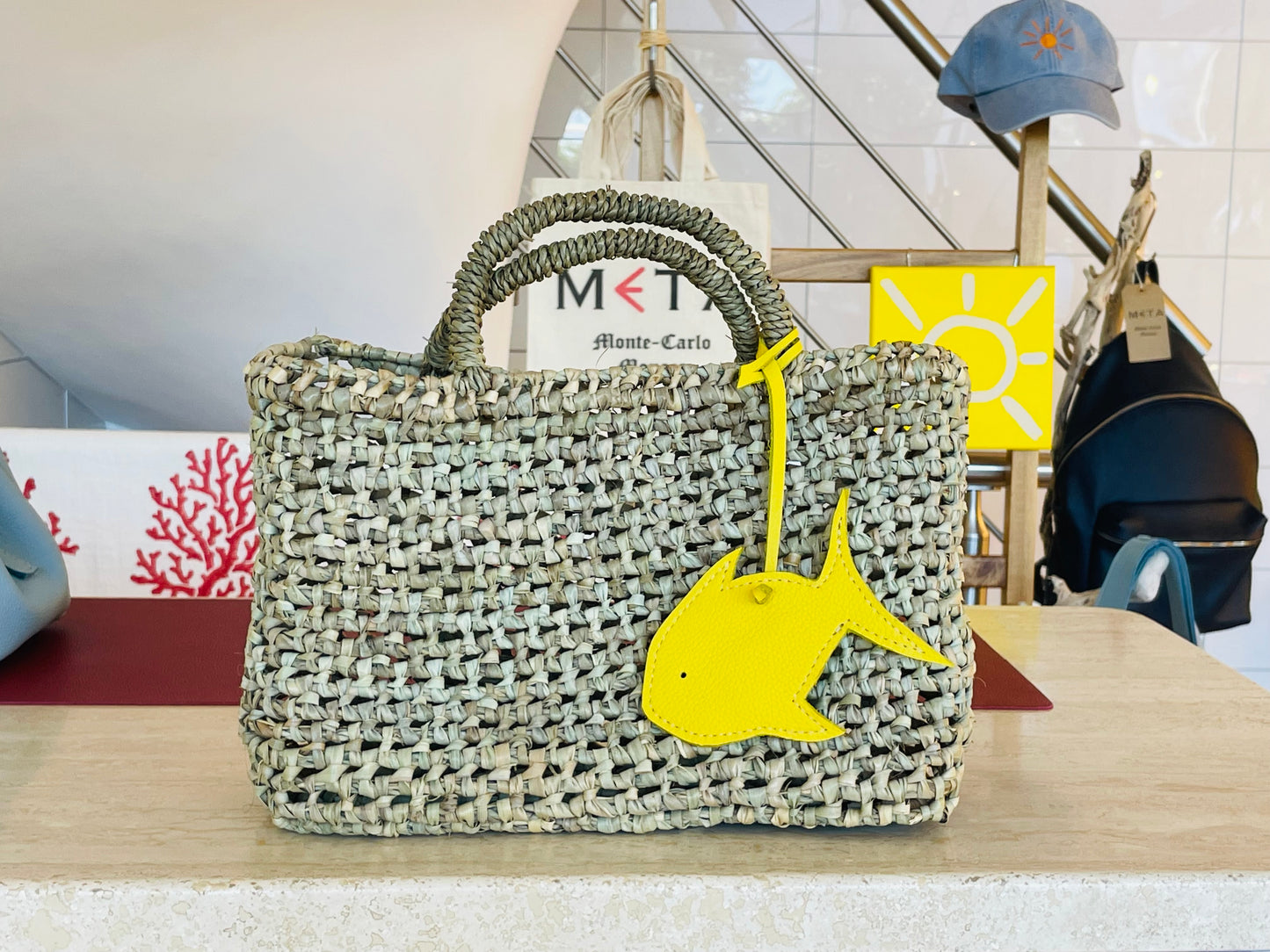 SEA SUN x META Small Beach Basket, yellow leather