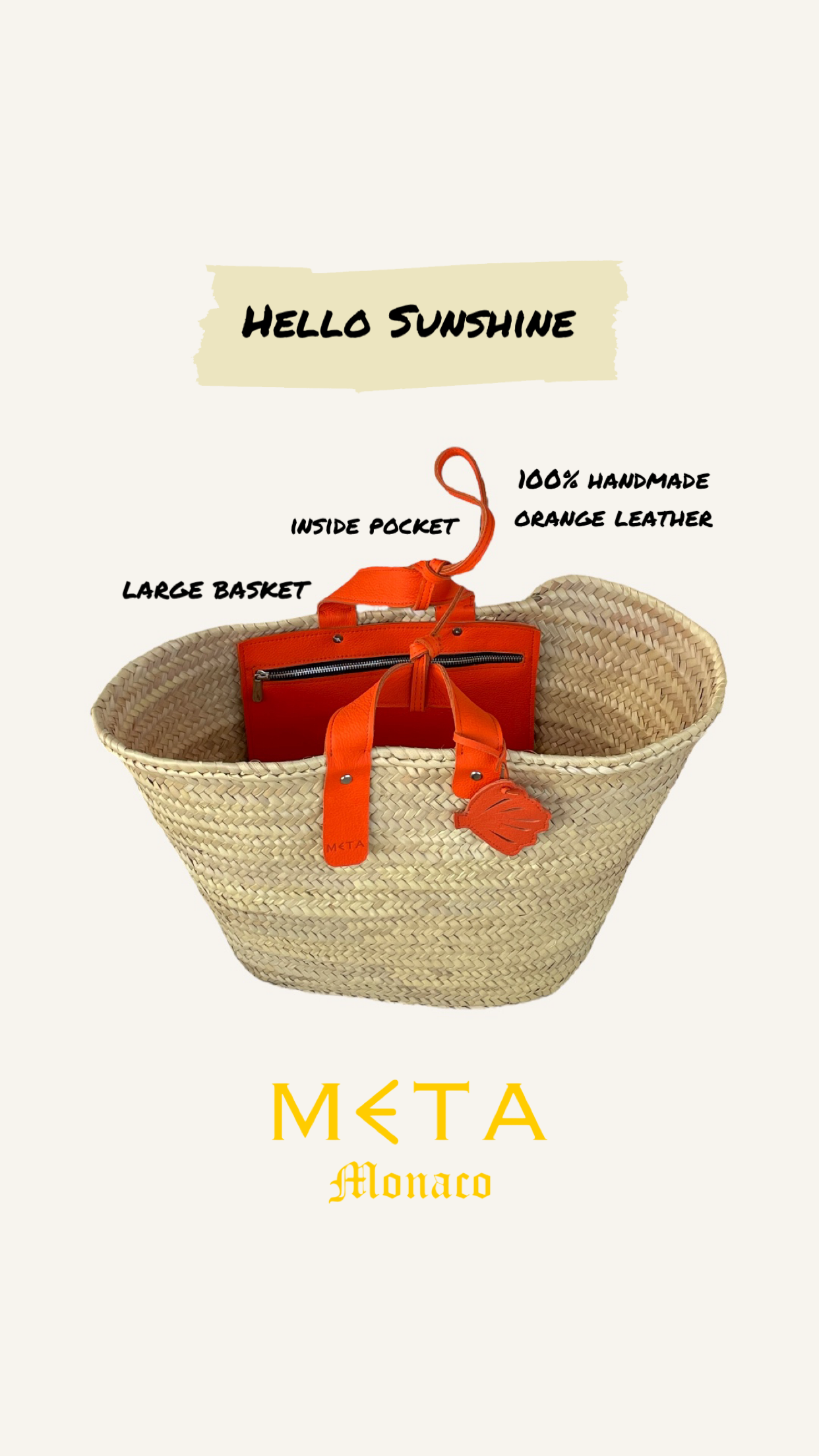 Hello Sunshine Large Basket, orange leather