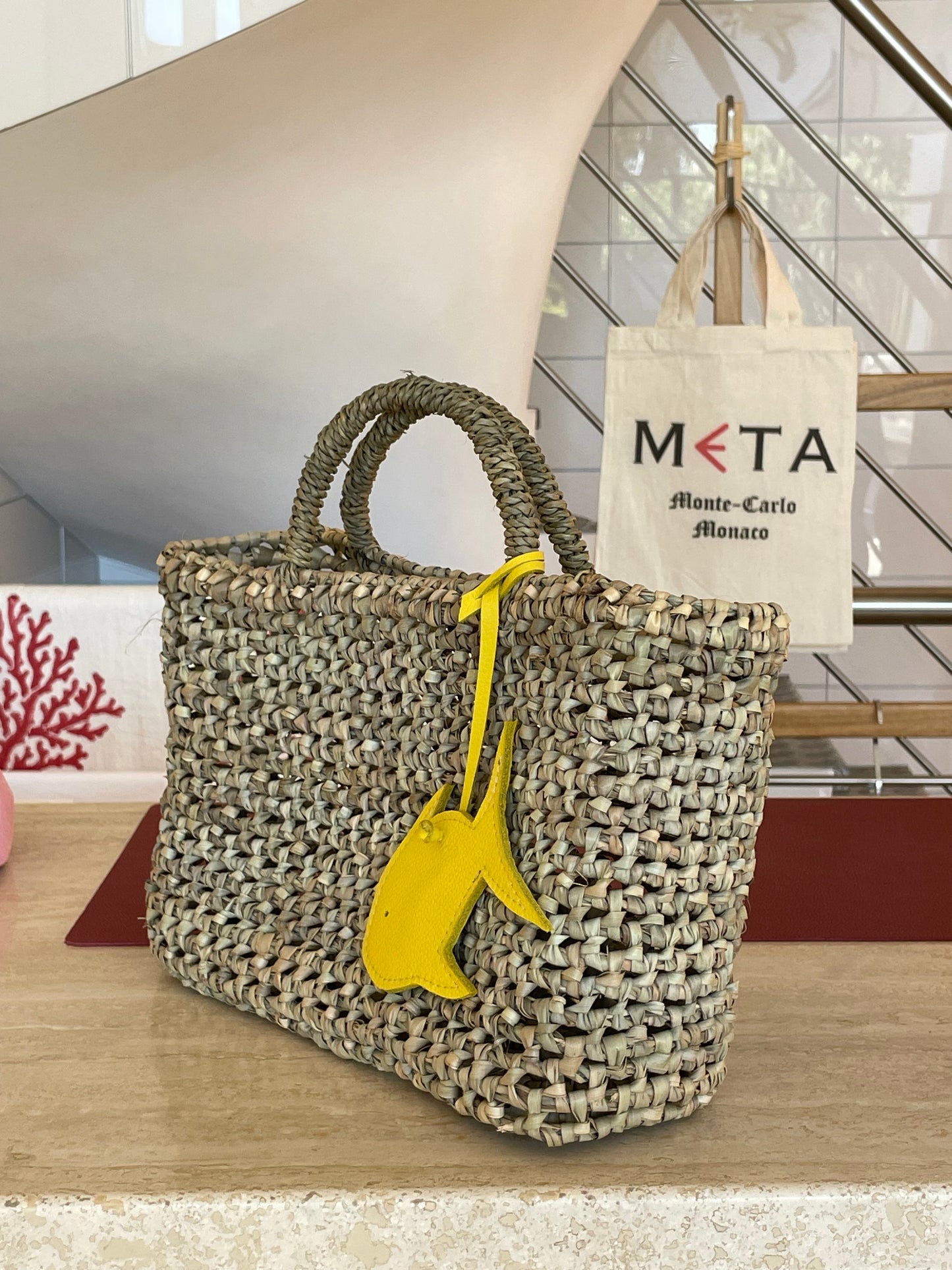 SEA SUN x META Small Beach Basket, yellow leather